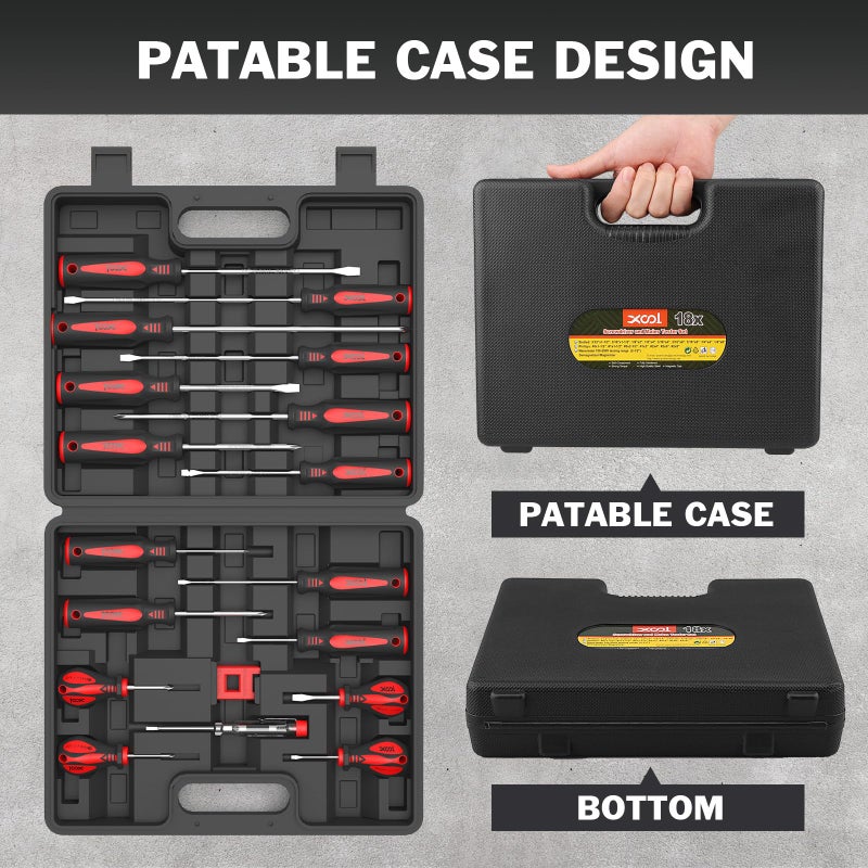 XOOL مجموعة مفكات مغناطيسية XOOL مكونة من 18 قطعة مع حقيبة، 7 رؤوس فيليبس و9 رؤوس مسطحة، مفك احترافي بمقبض مريح غير قابل للانزلاق للإصلاح وتحسين المنزل والحرف اليدوية - Image 2